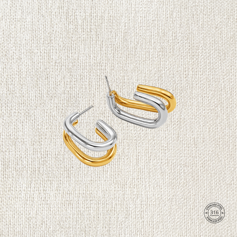 Arracada doble, plateado y dorado, acero inoxidable.