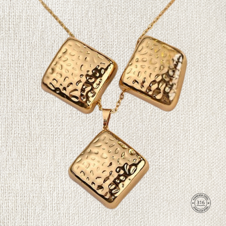 Set de collar y aretes, color dorado, Acero inoxidable